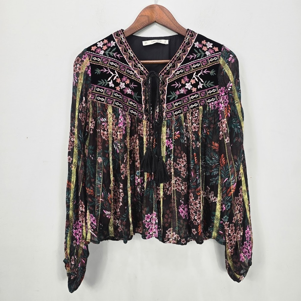 Zara Cardigan Top M Black Floral Velvet Chiffon Whimsigoth Boho Folk Embroidered